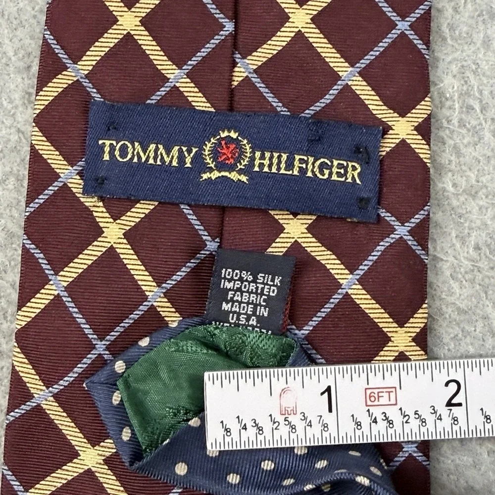 Vintage Tommy Hilfiger USA Silk Tie Burgundy Gold Blue Windowpane Necktie 57x3.6